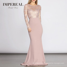 Lace Long Sleeve Bow Detail Formal Elegant Pink Evening Dresses Turkey